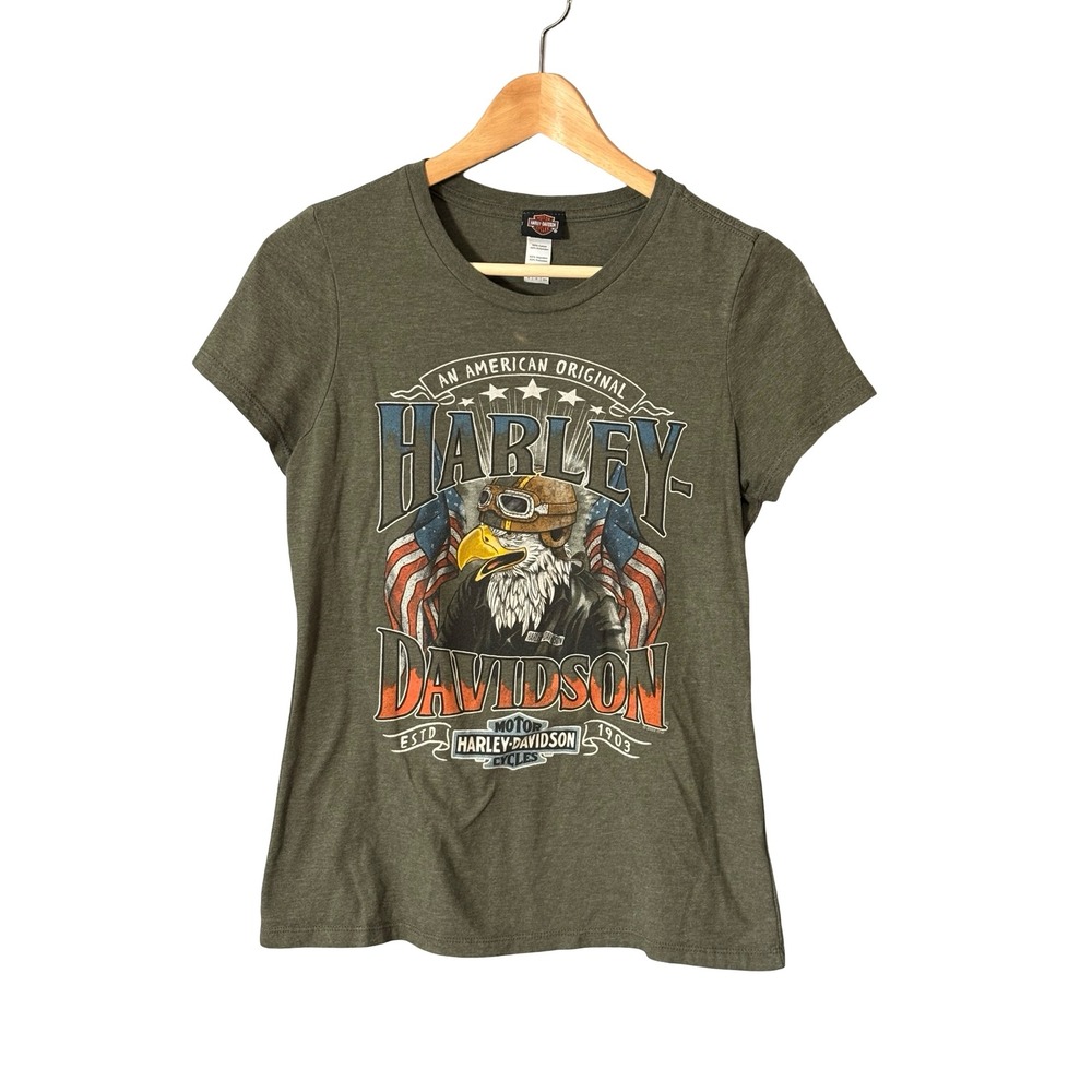 Harley-Davidson Womens Eagle Graphic Tee S Olive Green Cotton Blend Southside VA